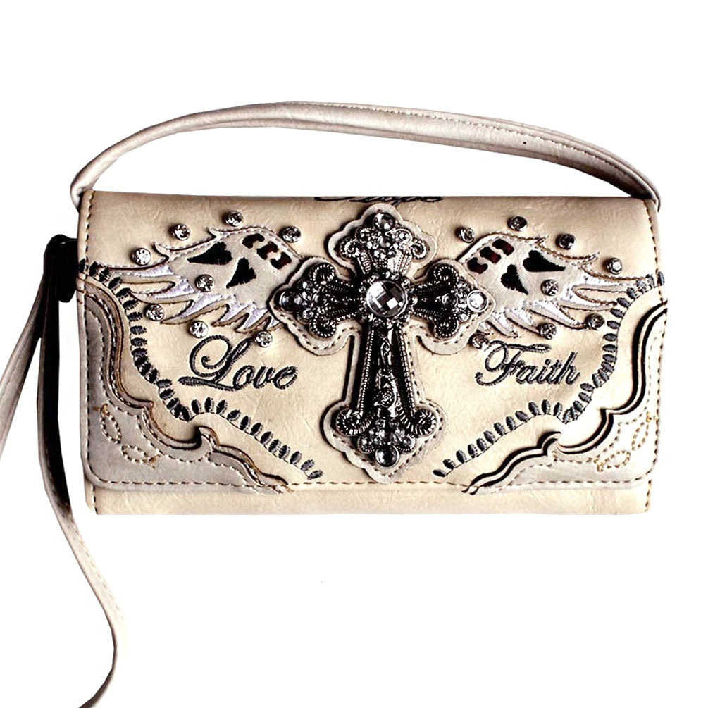 Western Spiritual Cross Wing Embroidery Trifold Crossbody Wallet