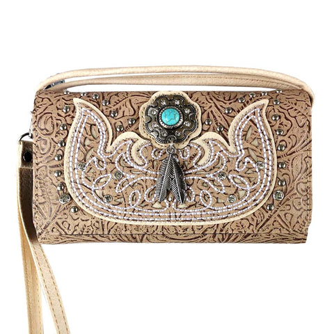 Multi Functional Western Concho Tooling Trifold Clutch Crossbody Wallet