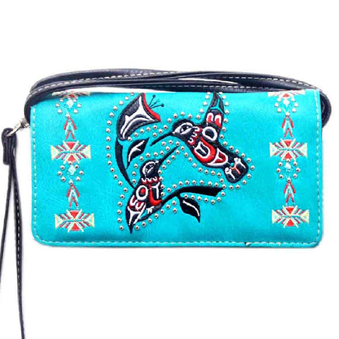 Multi Functional Hummingbird Embroidery Trifold Clutch Crossbody Wallet
