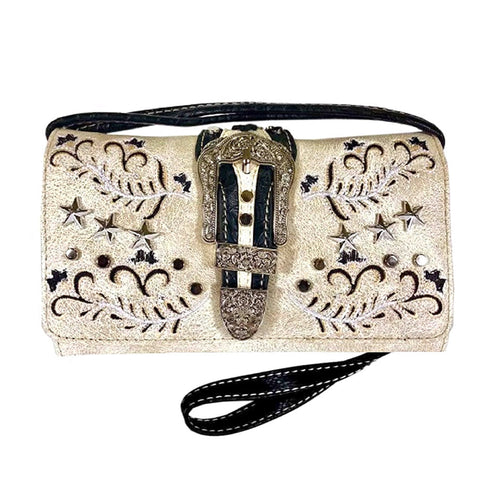 Western Buckle Embroidery Trifold Crossbody Wallet