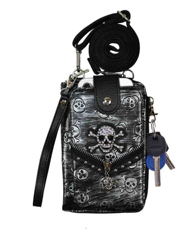 Multi Purpose Western Skull Embossed Studded Phone Wallet with Strap