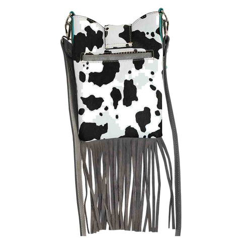 Cow Print Turquoise Concho Fringe Mini Crossbody Bag