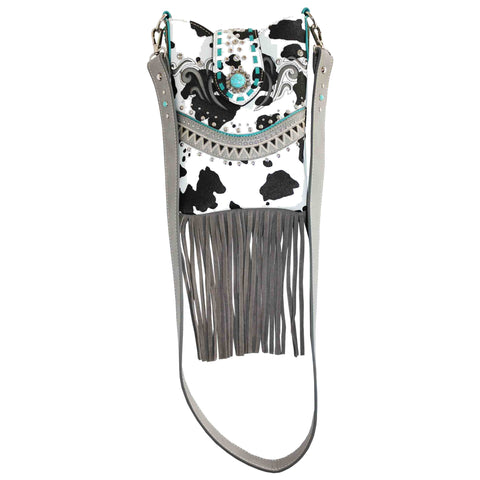 Cow Print Turquoise Concho Fringe Mini Crossbody Bag