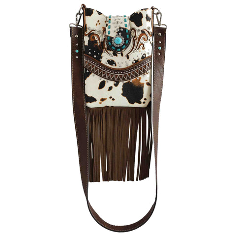 Cow Print Turquoise Concho Fringe Mini Crossbody Bag