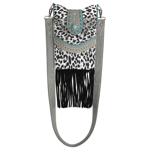 Leopard Print Turquoise Concho Fringe Mini Crossbody Bag