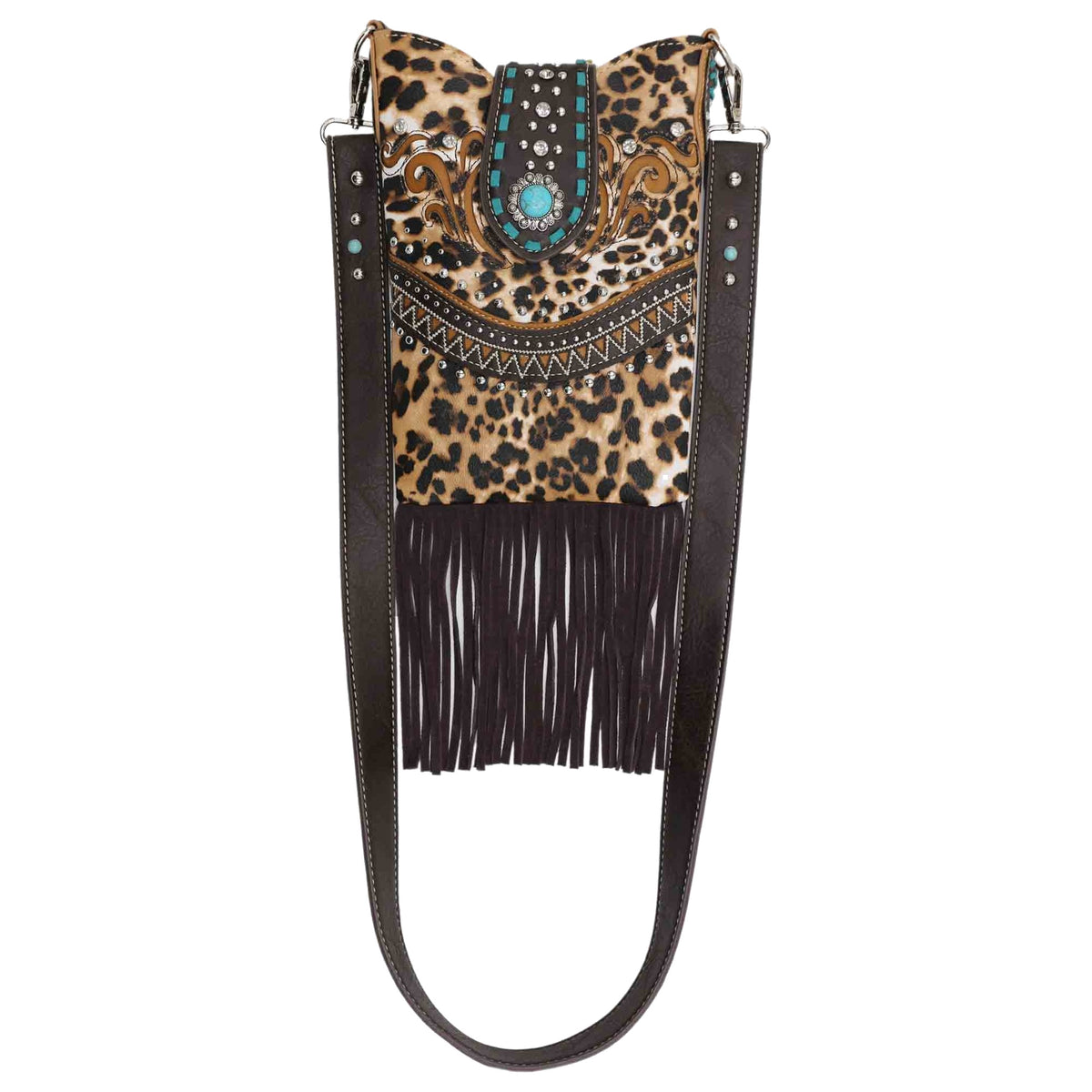 Leopard Print Turquoise Concho Fringe Mini Crossbody Bag