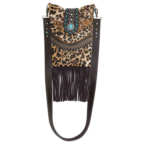 Leopard Print Turquoise Concho Fringe Mini Crossbody Bag