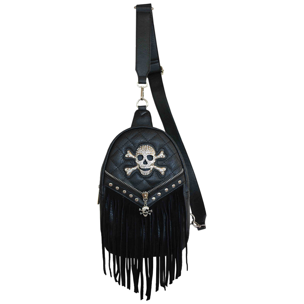 Rhinestone Skull Fringe Sling Bag