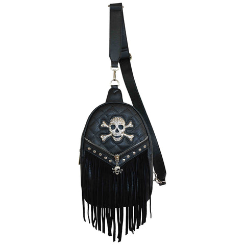 Rhinestone Skull Fringe Sling Bag