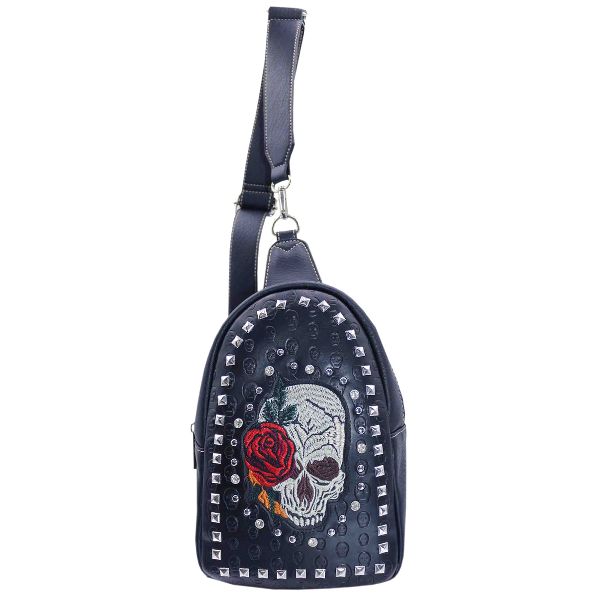Skull Rose Embroidery Studded Sling Bag