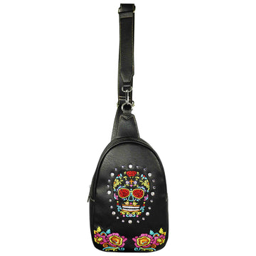 Western Sugar Skull Embroidery Sling Bag