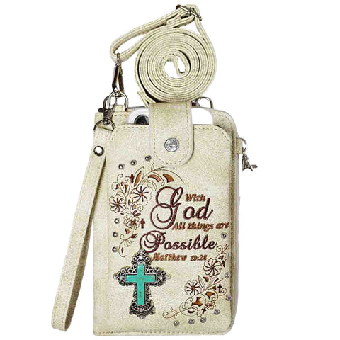 Multi Purpose Spiritual Turquoise Cross Bible Verse Wallet with Strap