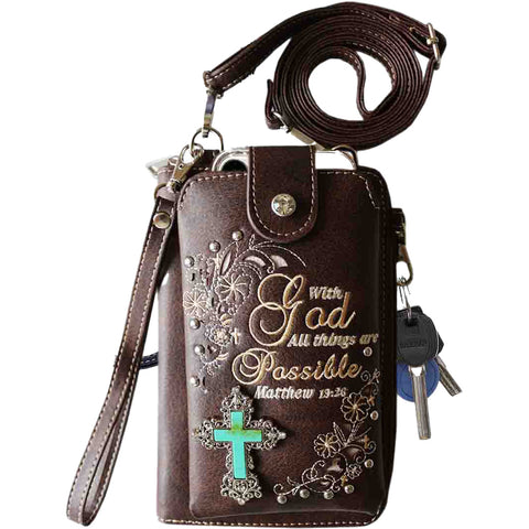 Multi Purpose Spiritual Turquoise Cross Bible Verse Wallet with Strap