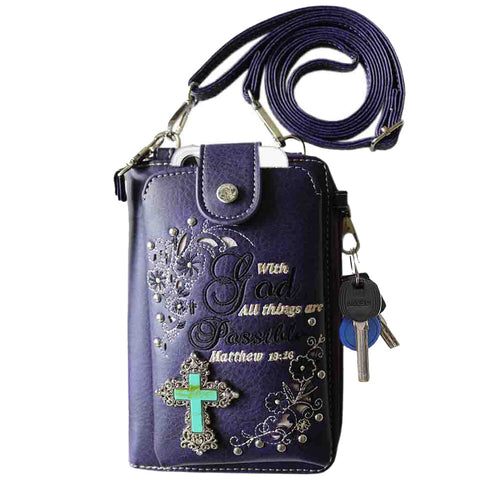 Multi Purpose Spiritual Turquoise Cross Bible Verse Wallet with Strap