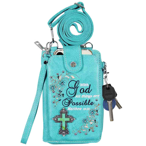 Multi Purpose Spiritual Turquoise Cross Bible Verse Wallet with Strap