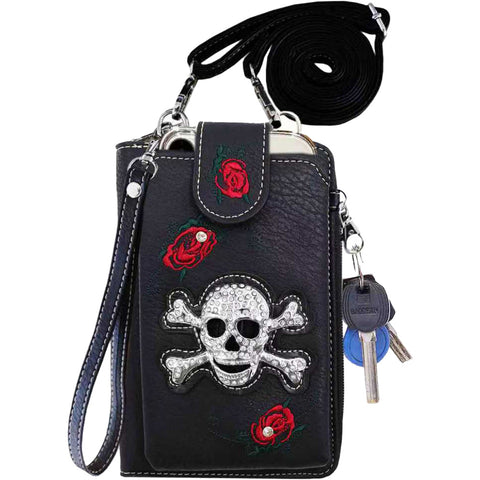 Multi Purpose Western Skull W/S Rose Phone Case & Wallet with Strap