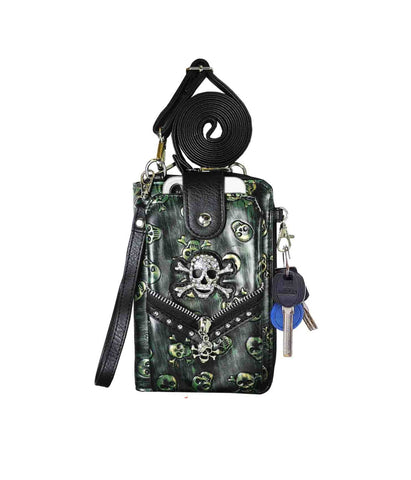 Multi Purpose Western Skull Embossed Studded Phone Wallet with Strap