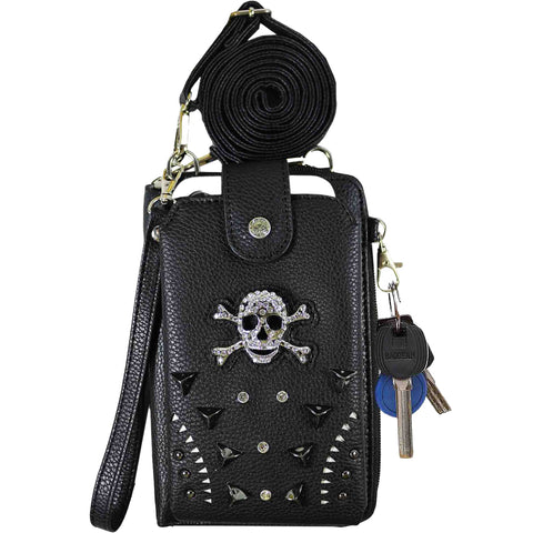 Multi Purpose Western Studded Skull Phone Case & Wallet with Strap