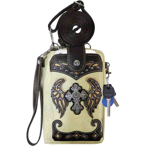 Multi Functional Spirit Cross Wing Rhinestone Studded Phone Case & Wallet with Strap