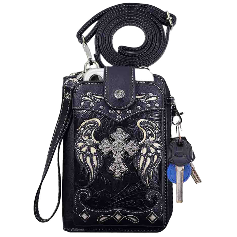 Multi Functional Spirit Cross Wing Rhinestone Studded Phone Case & Wallet with Strap