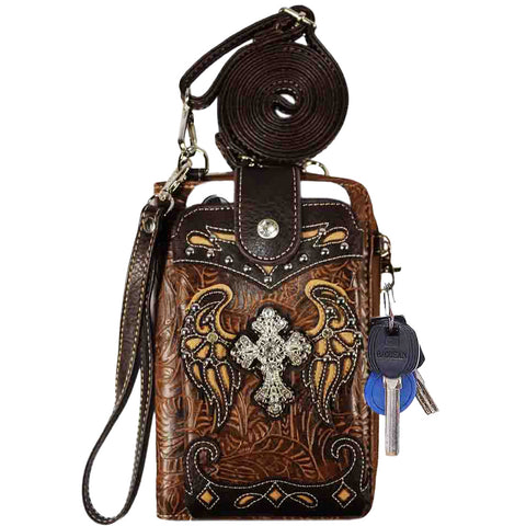 Multi Functional Spirit Cross Wing Rhinestone Studded Phone Case & Wallet with Strap