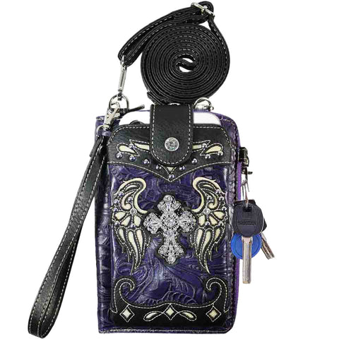 Multi Functional Spirit Cross Wing Rhinestone Studded Phone Case & Wallet with Strap