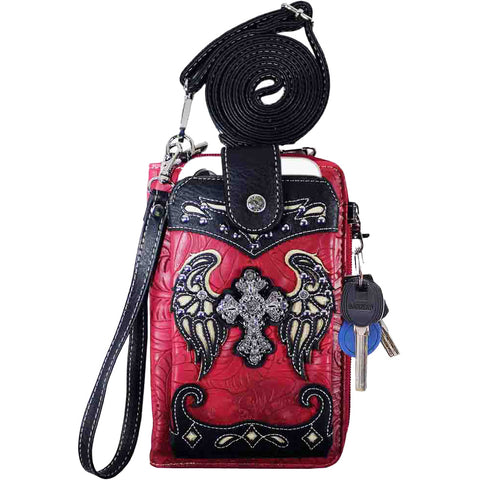 Multi Functional Spirit Cross Wing Rhinestone Studded Phone Case & Wallet with Strap