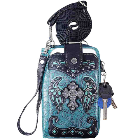 Multi Functional Spirit Cross Wing Rhinestone Studded Phone Case & Wallet with Strap