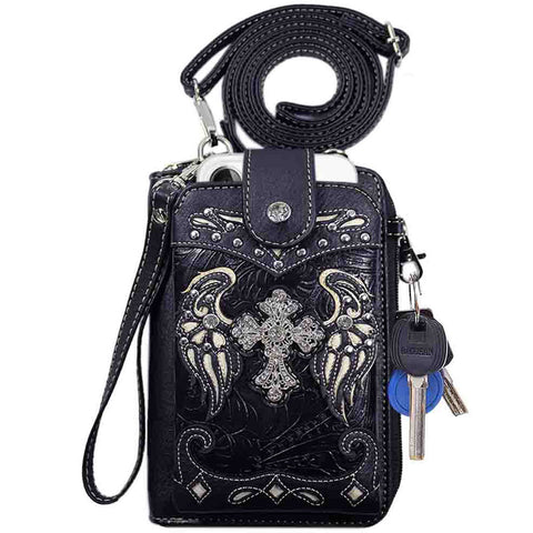 Multi Purpose Western Embossed Tooling Cross Phone Wallet with Strap
