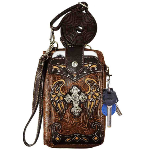 Multi Purpose Western Embossed Tooling Cross Phone Wallet with Strap