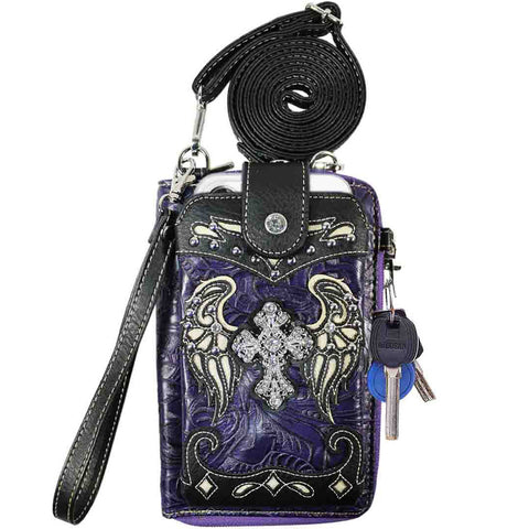 Multi Purpose Western Embossed Tooling Cross Phone Wallet with Strap