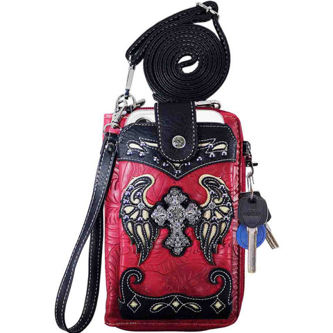 Multi Purpose Western Embossed Tooling Cross Phone Wallet with Strap