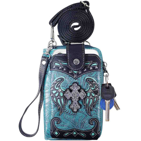Multi Purpose Western Embossed Tooling Cross Phone Wallet with Strap