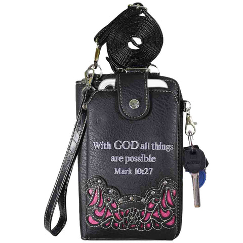 Multi Purpose Spiritual Cross Bible Verse Western Phone Wallet with Strap
