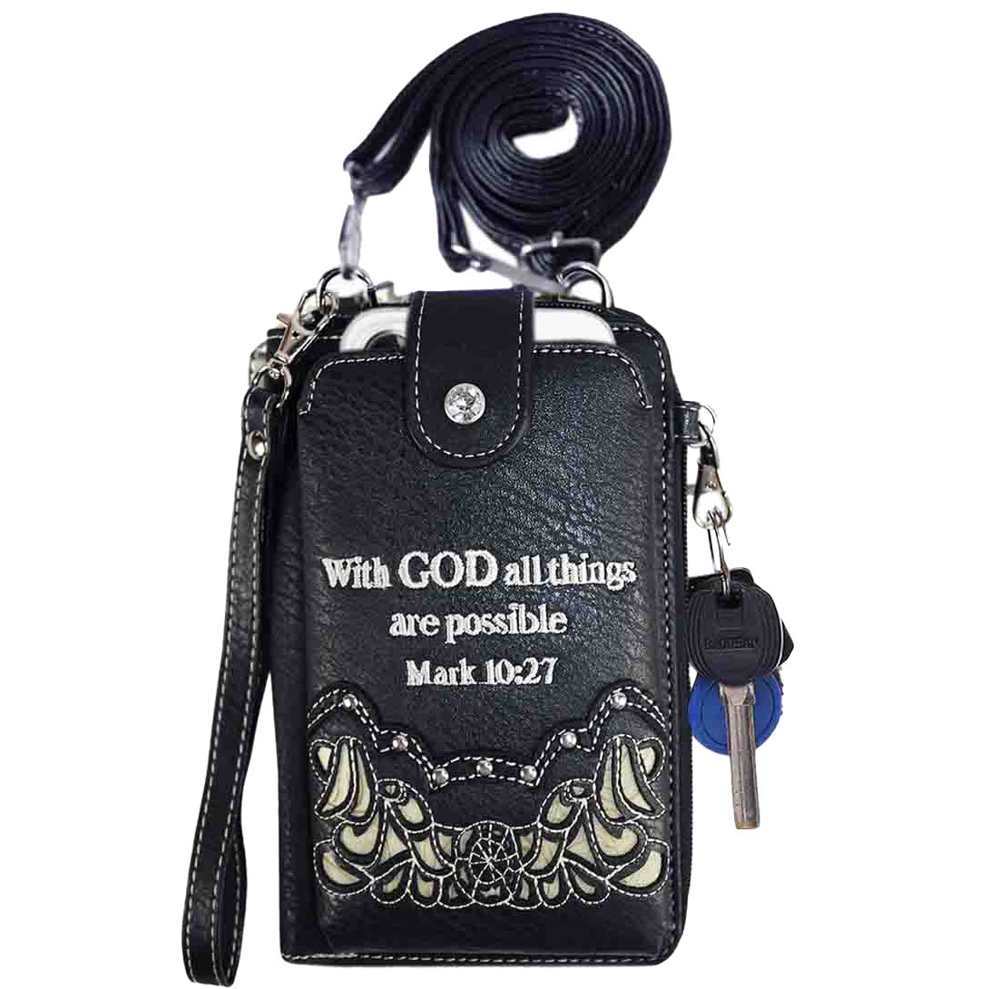 Multi Purpose Spiritual Cross Bible Verse Western Phone Wallet with Strap