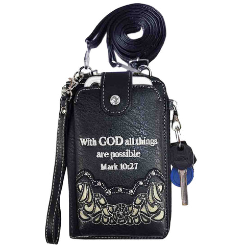 Multi Purpose Spiritual Cross Bible Verse Western Phone Wallet with Strap