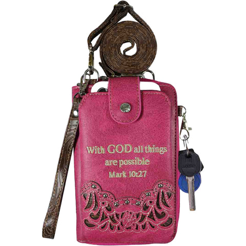 Multi Purpose Spiritual Cross Bible Verse Western Phone Wallet with Strap