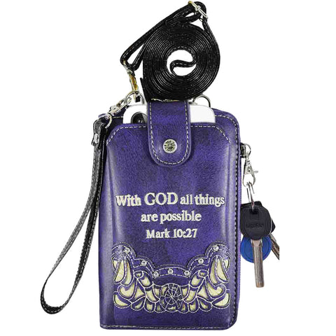 Multi Purpose Spiritual Cross Bible Verse Western Phone Wallet with Strap