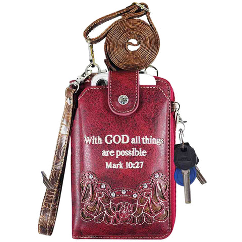 Multi Purpose Spiritual Cross Bible Verse Western Phone Wallet with Strap