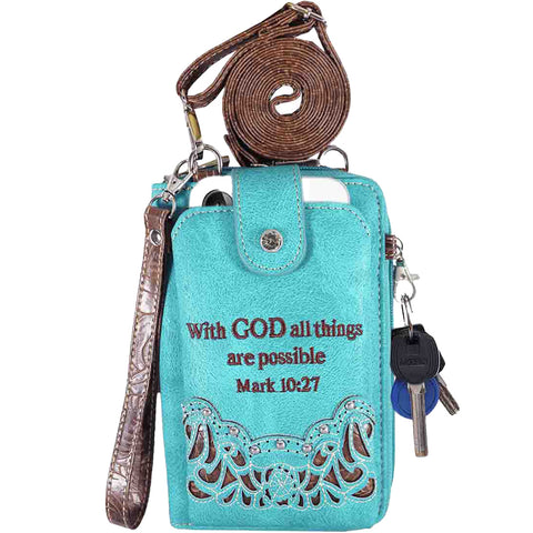 Multi Purpose Spiritual Cross Bible Verse Western Phone Wallet with Strap