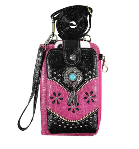 Multi Purpose Western Concho Embroidery Phone Wallet with Strap