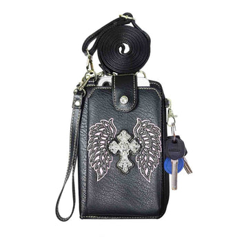 Rhinestone Cross Angel Wing Phone Wallet with Strap
