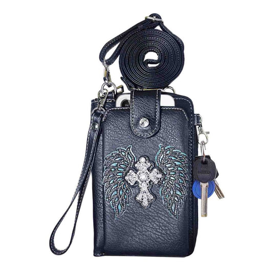 Rhinestone Cross Angel Wing Phone Wallet with Strap