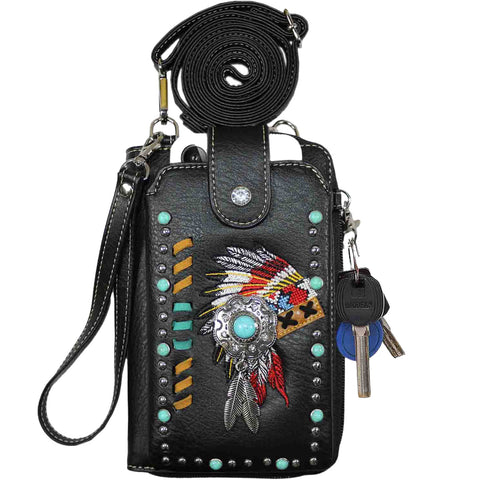 Multi Purpose Western Native American Turquoise Stone Phone Wallet with Strap