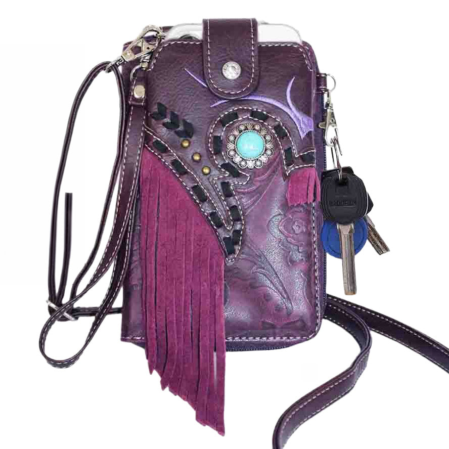 Multi Purpose Western Turquoise Stone Fringe Phone Wallet with Strap