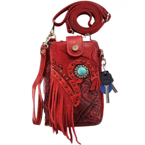 Multi Purpose Western Turquoise Stone Fringe Phone Wallet with Strap