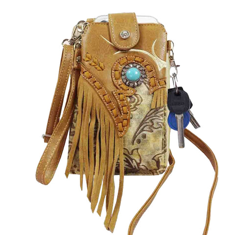 Multi Purpose Western Turquoise Stone Fringe Phone Wallet with Strap
