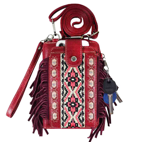 Multi Purpose Aztec Fringe Embroidery Phone Wallet with Strap