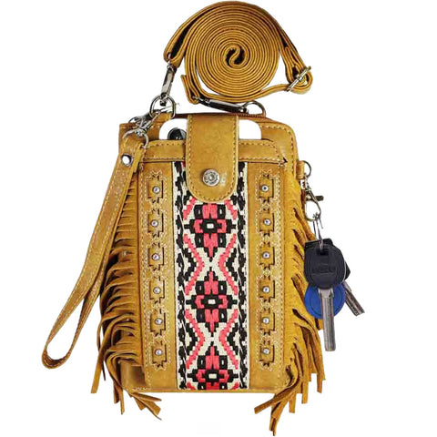 Multi Purpose Aztec Fringe Embroidery Phone Wallet with Strap