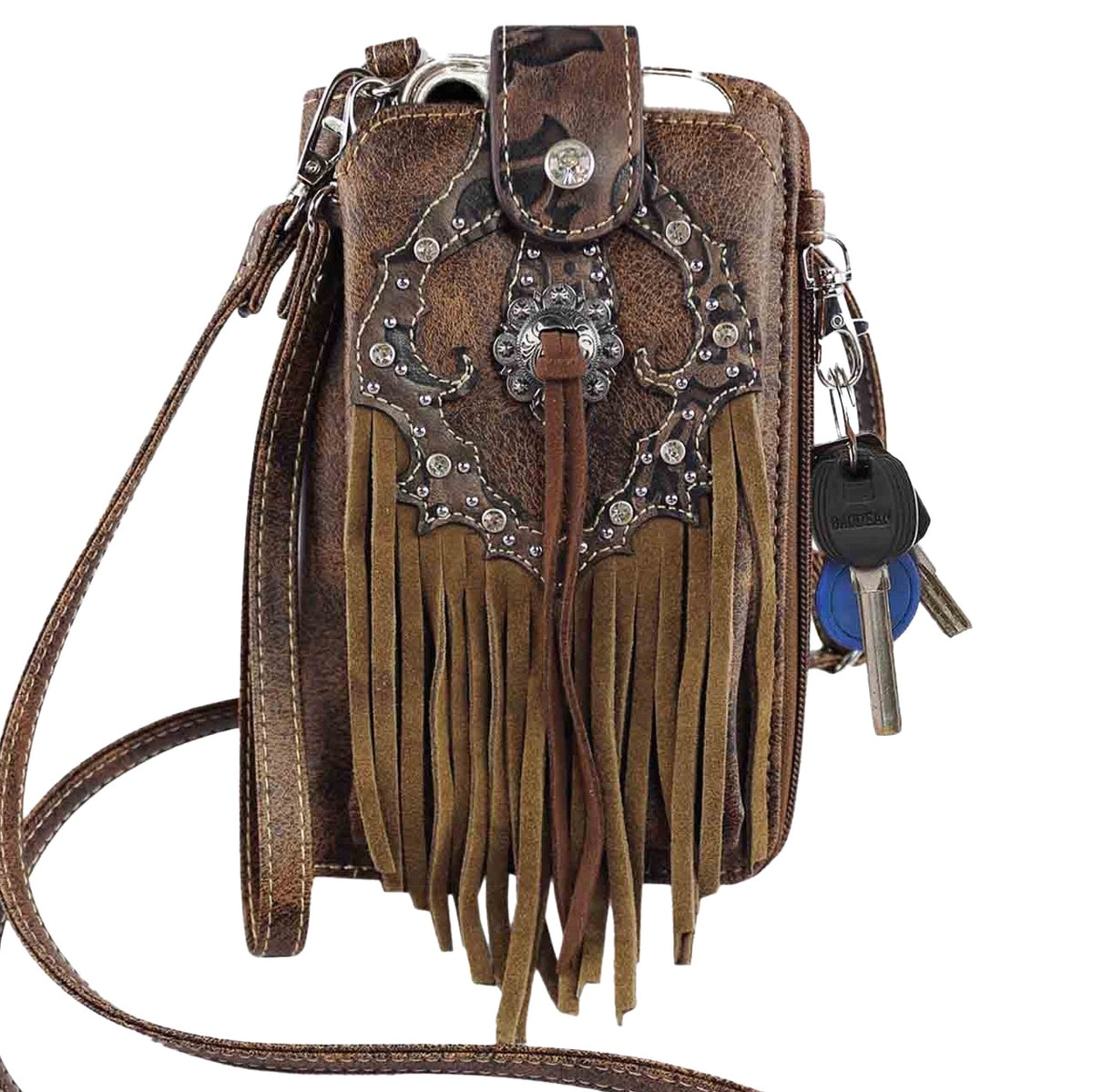 Multi Purpose Western Concho Fringe Phone Wallet with Strap
